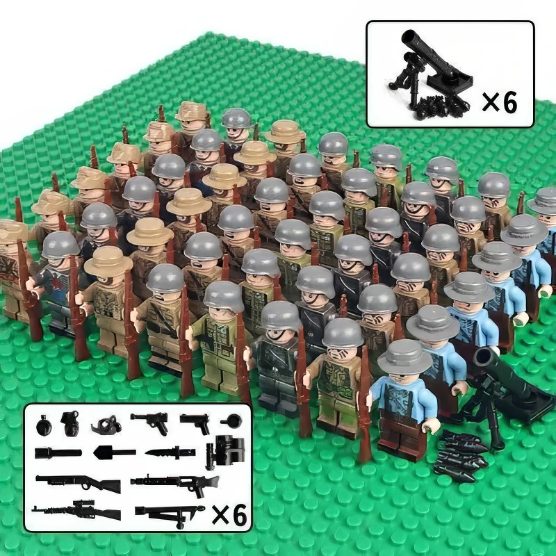 A group of toy soldier figures with various hats and weapons, including rifles and a cannon.