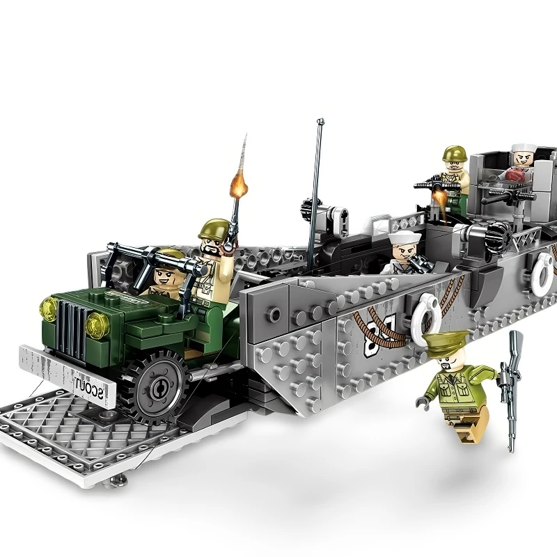A toy military vehicle with five figures, including a jeep and a boat, is displayed.
