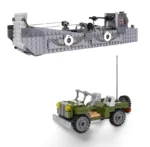 A gray boat and a green jeep made of toy bricks are displayed.