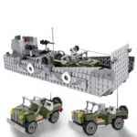 A gray landing craft with two green jeeps is shown.