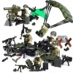 A group of toy figures in military uniforms, along with weapons, a parachute, and other accessories.