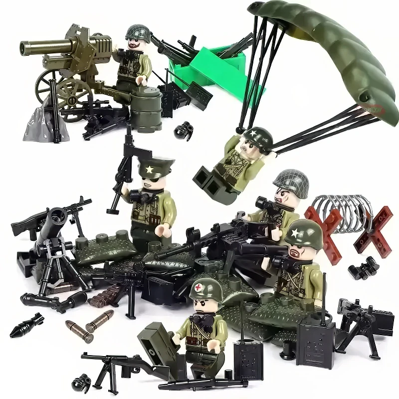 A group of toy figures in military uniforms, along with weapons, a parachute, and other accessories.