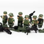 Seven toy figures wearing green military-style clothing and holding various weapons.